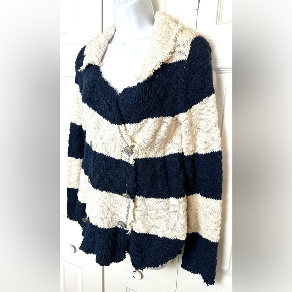 FREE PEOPLE Coat of Arms Jacket Cardigan Sweater Nautical Navy Ivory Coatigan - Picture 3 of 13